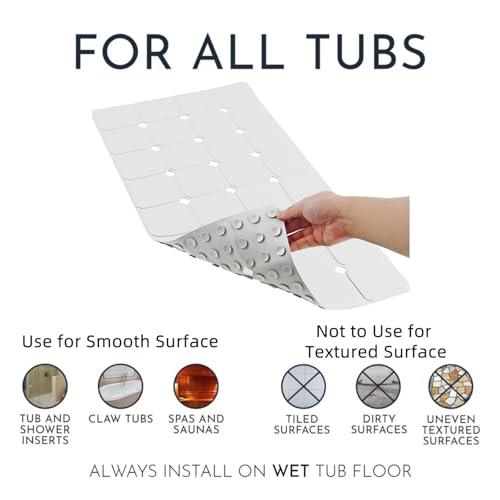 Bathtub Mat Non Slip 15" x 28" Silicone Foldable Tub Mat with Strong Suction Cups & Large Drain Holes, Durable & Eco-Friendly, for Smooth Surfaces, Ideal for Seniors, Adults White - color: White