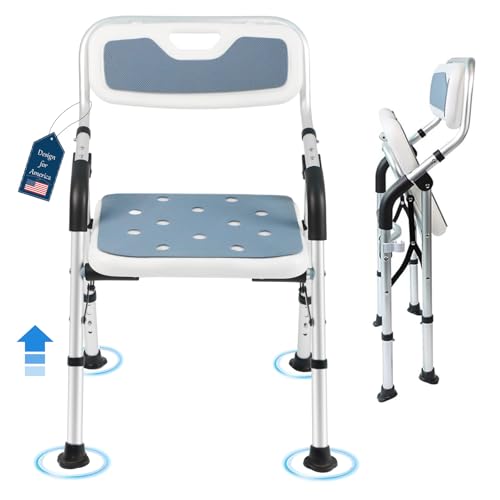 Shower Chair for Elderly & Disabled, Folding Shower Chair Seat with Arm and Back, Inside Shower Chair, Foldable Bathroom Chairs for Sitting, Portable for Travel - Collapsible, Compact & Comfortable