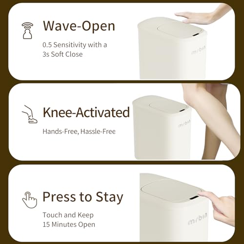 MRBIN Motion Sensor Adsorption Bag Bathroom Trash Can with Lid and Wheels, 10L/2.6gal Automatic Waste Basket Slim Electric Metal Garbage Bin for Office, Bedroom, Rv, Cream White