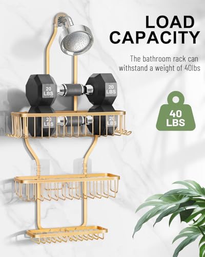 Shower Caddy Hanging - Never Rust Shower Hanging Organizer - Aluminum Over the ShowerHead Caddy with Soap Basket and 6 Razor/Sponge Hooks (Gold) - color: Gold
