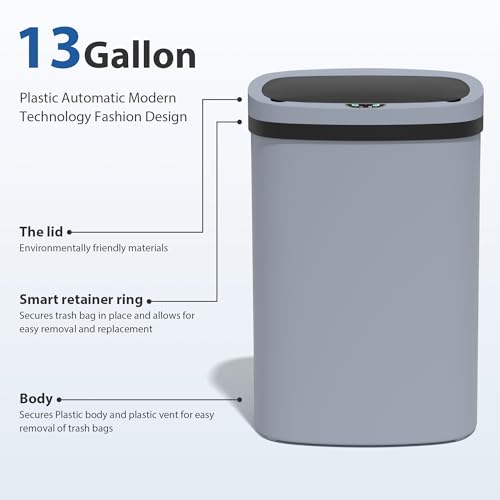13 Gallon/50 L Kitchen Trash Can with Lid, Garbage Can with Touch-Free Lid, Cute Automatic Trash Can Bathroom Trash Bin, Motion Sensor Waterproof Trash Bin - color: Gray, size: 1 Trash Can