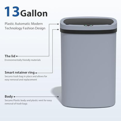 13 Gallon/50 L Kitchen Trash Can with Lid, Garbage Can with Touch-Free Lid, Cute Automatic Trash Can Bathroom Trash Bin, Motion Sensor Waterproof Trash Bin - color: Gray, size: 1 Trash Can