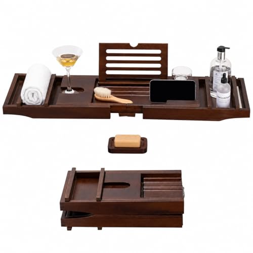 Expandable Teak Wood Bathtub Tray Caddy with Wine Glass Holder – Adjustable Luxury Wooden Bath Tub Tray Table for Spa, Book, Tablet & Bathroom Accessories