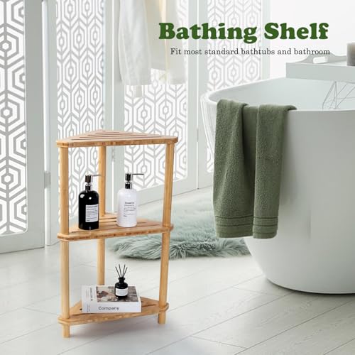 Corner Shelf Shower Caddy Stand 3-Tier,Standing Bathroom Organizer | Bamboo,Large Capacity Shower Storage,Space-Saving,Anti-Slip Feet,Waterproof,Easy to Assemble,Durable,Bath,Living Room,Kitchen - style: GU-QZST003