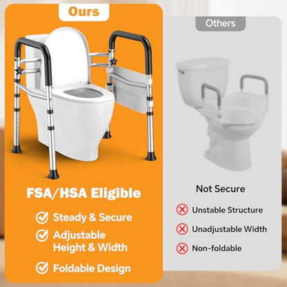 Toilet Safety Rails for Seniors, Adjustable Height & Width Toilet Safety Frame with Handles (350LB Capacity), Elderly Assistance Products for Handicapped, Foldable Toilet Bars Fits Any Toilet - color: Silvery