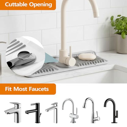 Faucet Mat for Kitchen Sink, Silicone Sink Splash Guard with 1 Crevice Cleaning Brush and 100 Kitchen Sink Strainer Mesh Bags,7°Slope Fast Self-draining, Fast Drying Tidy Faucet Mat Splash Guard,Gray