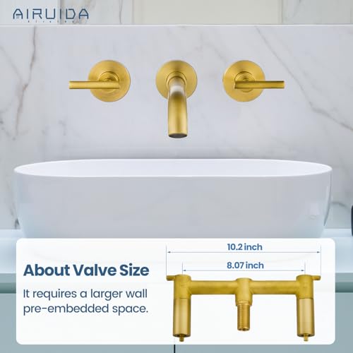 Airuida Wall Mounted Antique Brass 3 Hole Dual Handle Bathroom Faucet with 360 Swivel Spout Vanity Sink Mixer Tap, Matte Finish | Lever Handle,3 Holes,360° Widespread Swivel Spout,Rotatable Bathroom Faucet - color: Antique Brass