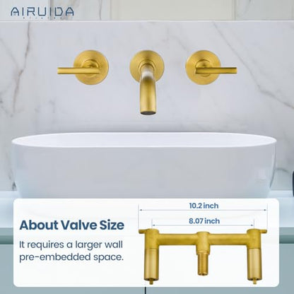 Airuida Wall Mounted Antique Brass 3 Hole Dual Handle Bathroom Faucet with 360 Swivel Spout Vanity Sink Mixer Tap, Matte Finish | Lever Handle,3 Holes,360° Widespread Swivel Spout,Rotatable Bathroom Faucet - color: Antique Brass