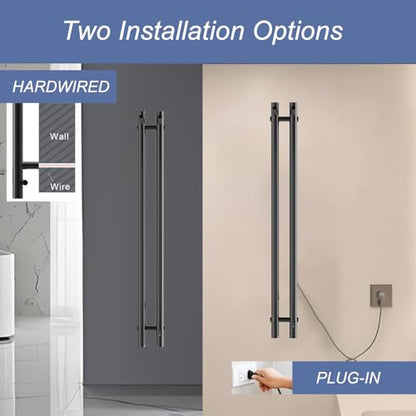 Heated Towel Rack, Towel Warmer with Timer, Wall Mounted hot Towel Warmer Rack for Bathroom, Hardwired or Plug-in Models Vertical Towel Heater, 2 Vertical Rack Round Design (Black) - color: Black