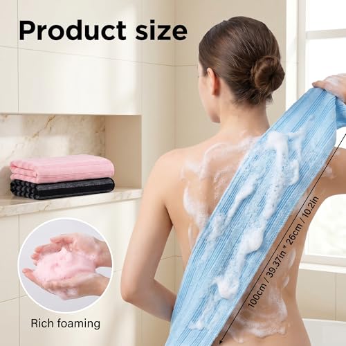 Exfoliating Towel 3 Pack, Pink Blue Black, 40 Inch Exfoliating Washcloth | For Daily Body Exfoliation, Long Shower Scrubber Cloth For Back And Body Care Checkered
