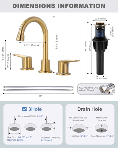 Bathroom Faucet 3 Hole Gold, 8 Inch Widespread Vanity Sink Faucets | Metal Zinc Alloy+ABS Gold Bathroom Sink Faucet with Swivel Spout, Two Handles Lead-Free Tap with Drain and cUPC Supply Line - color: Gold