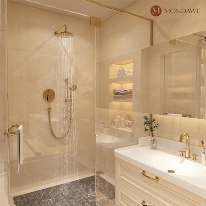 MONDAWE 8 Inch Wall Mounted Shower Faucet Set in Brushed Gold, Rainfall Shower Head with 3-Setting Handheld Spray Shower Set Combo, High Pressure Shower System with Solid Brass Valve - color: Brushed Gold, style: 8 IN - Without Tub Spout
