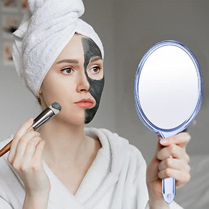 D Hand Mirror with Handle, Blue, Rounded Shape | 1X 2X Magnification, Double Sided, Acrylic, Small Handheld, Makeup Mirror - color: Small Blue