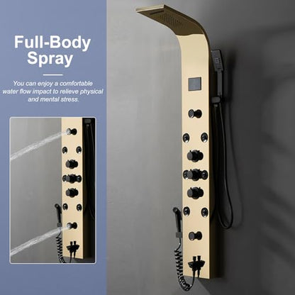 BWE Shower Panel Tower 304 Stainless Steel with 6 Body Jets and 2 Mist Sprays Polished Gold Rainfall Shower and Handheld Shower Shower System with Temperature Digital Display - color: Gold