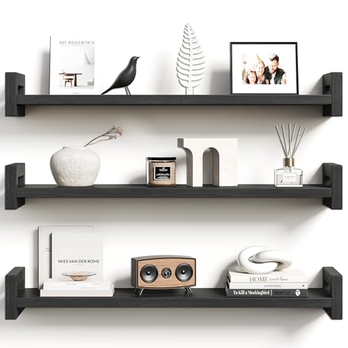 Vailando Floating Shelves for Wall, Set of 3 Solid Wood Wall Mounted Shelves, 23.6" Black Display Shelf for Bedroom, Living Room, Bathroom, and Kitchen Decor - Heavy-Duty & Natural Pine - color: Black, size: 23.6 inch