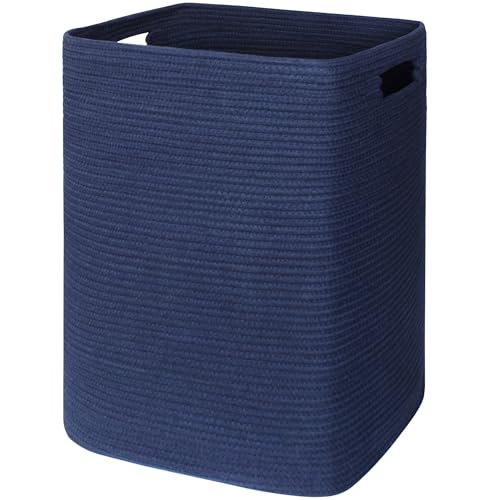 Large Laundry Hamper 16"x13"x22" - Tall Woven Baby Laundry Basket, Cotton Rope Dirty Clothes Hamper Bin, Blanket Storage for Living Room, Nursery Bedroom Aesthetic, Soft Dark Blue Hamper, 75L - color: Blue