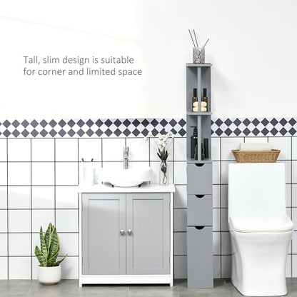 HOMCOM 54" Tall Bathroom Storage Cabinet, Freestanding, 2-Tier Shelf, Grey | Linen Tower, Drawers, Narrow Side Floor Organizer - color: Grey