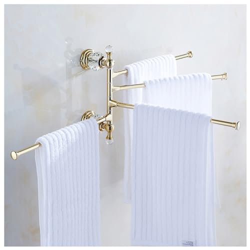 ZHOUXIAO Premium Brass Crystal Swing Out Towel Bar Gold Finish/Towel Racks for Bathroom, Metal Polished Towel Bar Folding Arm Swivel Hanger Bathroom Storage Organizer Wall Mo gold-3bars
