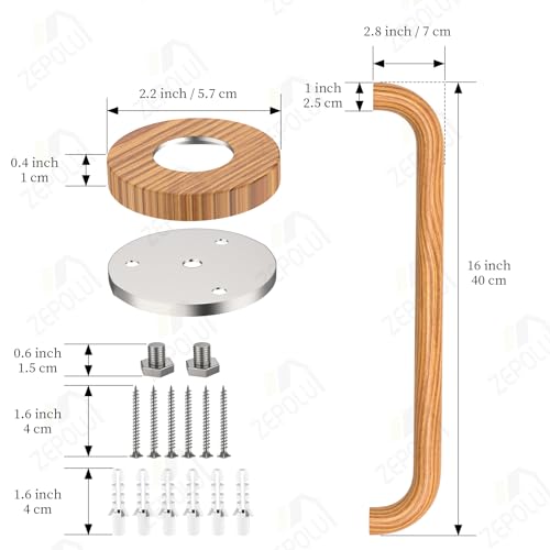 Wood Grain Shower Grab Bar 16 Inch, Grab Bar for Bathtub and Shower | Stainless Steel, Wall Mount wooden grab bar, Bathroom Handrail, Balanced Support Assist Handle for Elderly Senior Handicap