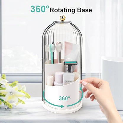 QIYVLOS Toothbrush Holders with Sliding Lid, Rotating 3 Slots Bathroom Organizer Countertop, Tooth Brush Toothpaste Holder Bathroom Counter Stand Sink Organizer Caddy for Vanity Makeup Brushes Holder - color: White+Transparent Black
