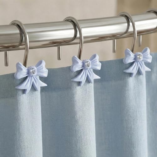 Blue Bow Shower Curtain Hooks: Decorative Bathroom Curtain Rings, 12Pcs | Cute Rustproof Hangers for Valentine & Xmas Holiday Bathroom Decor, Chic Coquette Accessories & Housewarming Gift for Girls - color: Blue
