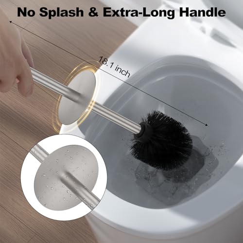 Stain Nickel Toilet Brush and Holder Set，Stainless Steel Heavy Duty Toilet Bowl Brush，Extra Long Handled Modern Toilet Cleaner Brush with Replaceable Head, Removable Inner Bowl, and Splash Protection - color: Stain Nickel, size: 1 Pack