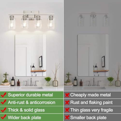 4-Light Brushed Nickel Bathroom Vanity Light with Clear Glass Shades - color: Brushed Nickel, size: 4-light