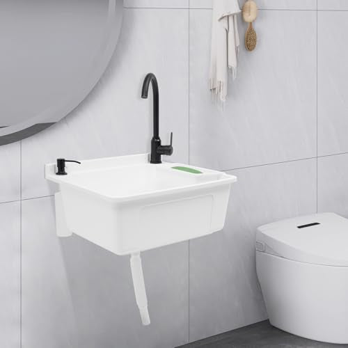 Wall-Mounted Utility Sink Tub Kit with Aluminum Alloy Faucet and Soap Box,Black Anti-clogging Laundry Sink for Bathrooms, Sundry Rooms, Garages(20.08 * 17.52 * 9.45in) - color: White