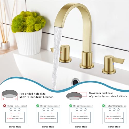 Midanya 8 Inch Widespread Bathroom Sink Faucet 3 Hole,Brushed Gold | Waterfall Swivel Spout,2 Handle,SUS304,with Pop Up Drain,cUPC 24" Water Hose,for 6-16” hole distance vanity,RV,Farmhouse Sink - color: Light Gold