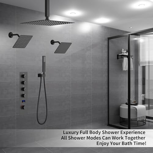 Matte Black Shower System with 3 Rain Shower Head(12+8+8 inch), Handheld Spray, 4 Way Smart Temperature Display Shower Faucet set - color: Black, size: 12+8+8 inch