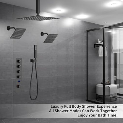 Matte Black Shower System with 3 Rain Shower Head(12+8+8 inch), Handheld Spray, 4 Way Smart Temperature Display Shower Faucet set - color: Black, size: 12+8+8 inch