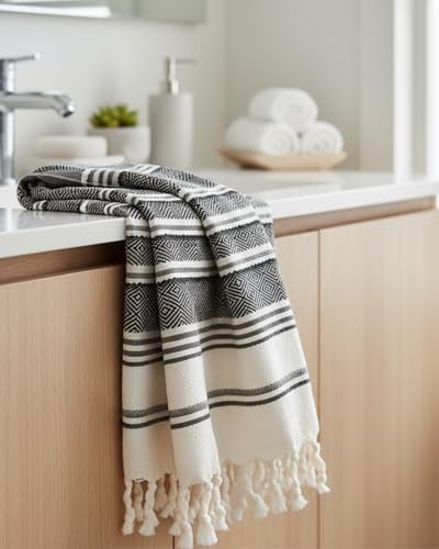 DEMMEX Organic Turkish Hand Towels for Bathroom – 100% Oeko-TEX Certified Turkish Cotton, Quick Dry, Lightweight Kitchen & Travel Towels, Diamond Weave, Large 18x36 Inches, Set of 2, Black - color: Black