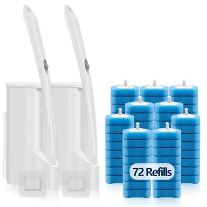 2 Pack Disposable Toilet Bowl Cleaner Wand and Holder Kit with 72 Refills | Toilet Cleaning System-2*16.81" ABS Handle Holder, 72 Replacement Heads for House, Apartment, RV Bathroom Cleaning - color: 2 Pack White Toilet Brush Set