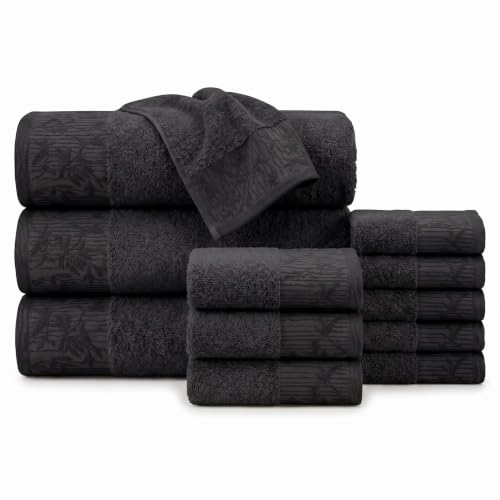 Superior Floral Jaquard Cotton Bathroom Towels, 12pc Towel Set, Black/Black | Soft Absorbent Quick Dry Terry Weave, Hotel Quality, Wisteria Towels Includes 3 Bath Towels, 3 Hand Towels, 6 Washcloths - color: Black/Black, size: 12 Piece Towel Set