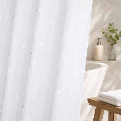 Embroidered Leaf Farmhouse Shower Curtain,Faux Linen,72Wx72L,White | Boho Modern Shower Curtain Set, Washable & Waterproof Fabric, Floral Shower Curtains for Bathroom with Hooks - color: White
