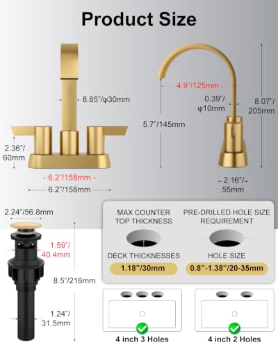 Gold Bathroom Faucet,4 Inch Centerset 2-Handle Waterfall | Includes Pop-Up Drain,24-Inch Supply Lines,Mounting Hardware,SUS304 Stainless Steel Construction,And A 360° Swivel Spout - color: Gold
