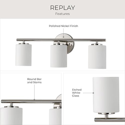 Progress Lighting 3-Light Etched Glass Modern Bath Vanity Light, Replay Collection , Indoor, P2159-104, Polished Nickel - color: Polished Nickel, size: 3-Light