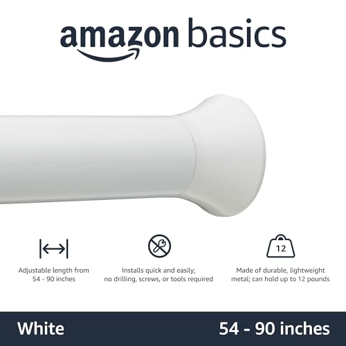 Amazon Basics No Drilling Spring Tension Curtain Rod, Easy to Install, Adjustable 54-90" Width, Sturdy, White, Classic Finial - color: White, size: 54-90"