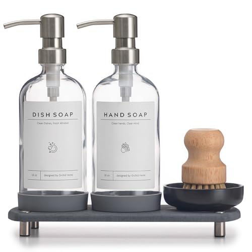 [Luxury] Kitchen Soap Dispenser Set - 16OZ Clear Glass Bottle, Stainless Steel Pump, Instant Dry Tray, Waterproof Labels, Non-Slip Silicone Pad, and Dish Brush | Upgrade for Your Kitchen and Bathroom - color: Transparent Bottle + Silver Pump