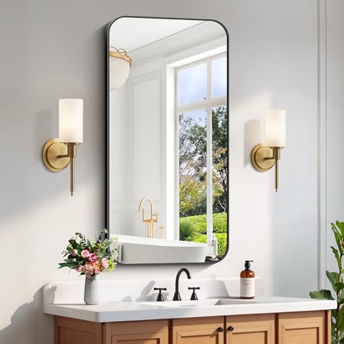 FORBATH Bathroom Mirror 48" x 24", Rectangle Black Narrow Bathroom Mirror with Black Aluminum Frame Rounded Corner, Wall Mounted Mirror for Bedroom Entryway Living Room - color: Black, size: 48"L x 24"W