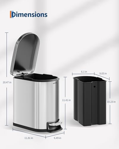 Garvee 1.6 gal / 6 L Stainless Steel Bathroom Trash Can with Lid, Slim Waterproof Garbage Can for Bedroom, Small Step-on Metal Trash Bin with Inner Bucket, Rear Handle, Soft Close Lid, Silver - color: Silver, size: 1.6 Gallons