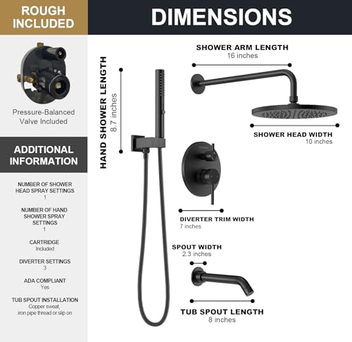 Lava Odoro Modern 3-Setting Round Rain Bathtub and Shower Faucet Set, Black Rainfall Shower Head and Handle Set, Rain Shower System with Tub Spout, Shower Valve Trim Kit, Matte Black, SF104-MB-T - color: Matte Black, style: With Tub Spout