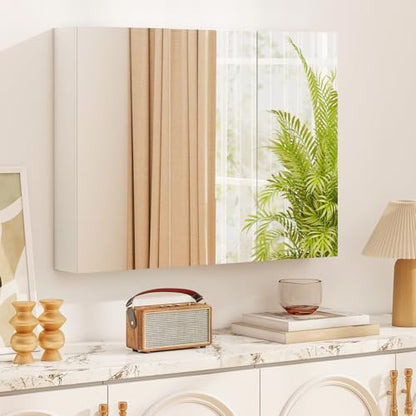 Tangkula Mirrored Medicine Cabinet, Large Wide Wall Mounted Storage Cabinet with 3 Mirror Doors, Hanging Bathroom Organizer, White, 34.5 x 5 x 25.5 Inches - size: 34.5 x 25.5 Inch
