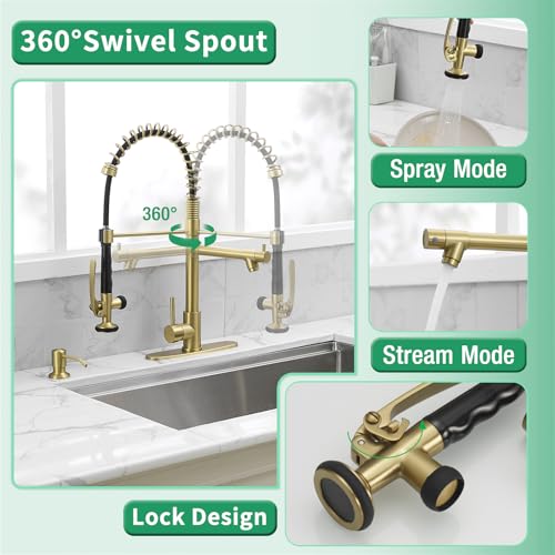 Fapully Commercial Kitchen Sink Faucet with Pull Down Sprayer Brushed Gold | Single Handle Faucets for Kitchen Sink, Kitchen Faucet with Soap Dispenser and Deck Plack for 4 Holes, 1.8GPM Water Flow - color: Brushed Gold, style: Contemporary