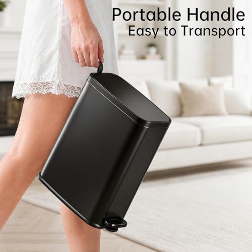 1.6 Gal Small Bathroom Trash Can with Lid, Step Pedal, Slim Black | Stainless Steel Garbage Can, Removable Inner Bucket, Soft Close Lid, Includes 60 Trash Bags for Restroom Bedroom - color: Black