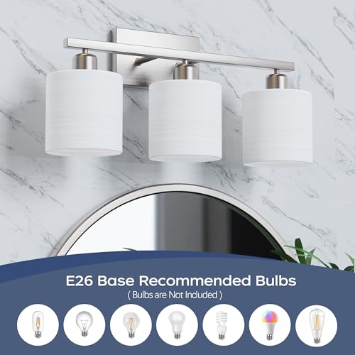 Bathroom Light Fixtures, Bathroom Lighting Fixtures Over Mirror, Classic Vanity Lights, Modern Vanity Light with Textured Frosted Opal White Glass Shades, Brushed Nickel, 3-Light - color: ‎Brushed Nickel, size: 3-Light