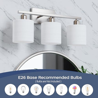 Bathroom Light Fixtures, Bathroom Lighting Fixtures Over Mirror, Classic Vanity Lights, Modern Vanity Light with Textured Frosted Opal White Glass Shades, Brushed Nickel, 3-Light - color: ‎Brushed Nickel, size: 3-Light