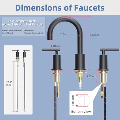 VXV Matte Black Bathroom Faucet 3 Hole Widespread with Easy Installation, 2-Handle 8 Inch Bathroom Sink Faucet 360° Swivel Spout, Pre-Attached Hoses & Drain Included, Vanity Faucet for Bath Sink - color: Luxury Matte Black