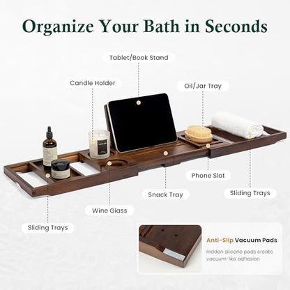 Teak Bathtub Tray Caddy, Adjustable Wood Bath Organizer | Rich Brown Wood Finish, Built-In Wine Glass Holder, Phone Dock & Book Stand, Water-Resistant Seal, Spa Design - color: Classic Brown Teak