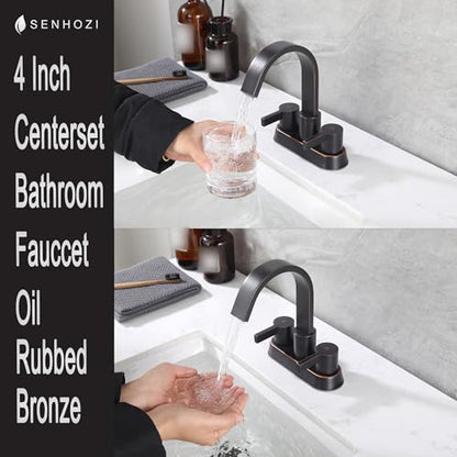 Oil Rubbed Bronze Bathroom Faucet 3 Hole, Senhozi 4 Inch Centerset Bathroom Faucet with Pop up Drain and 2 Supply Lines, Waterfall Bathroom Faucet Modern Faucet Bathroom, SE-0048-ORB - color: Oil Rubbed Bronze